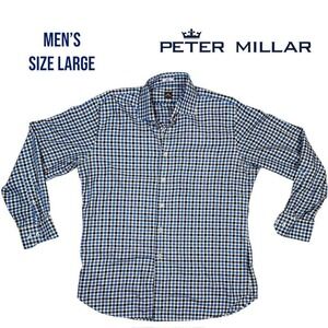 Peter Millar Sport‎ Shirt Men's Large Blue White Check Button Down Cotton Golf